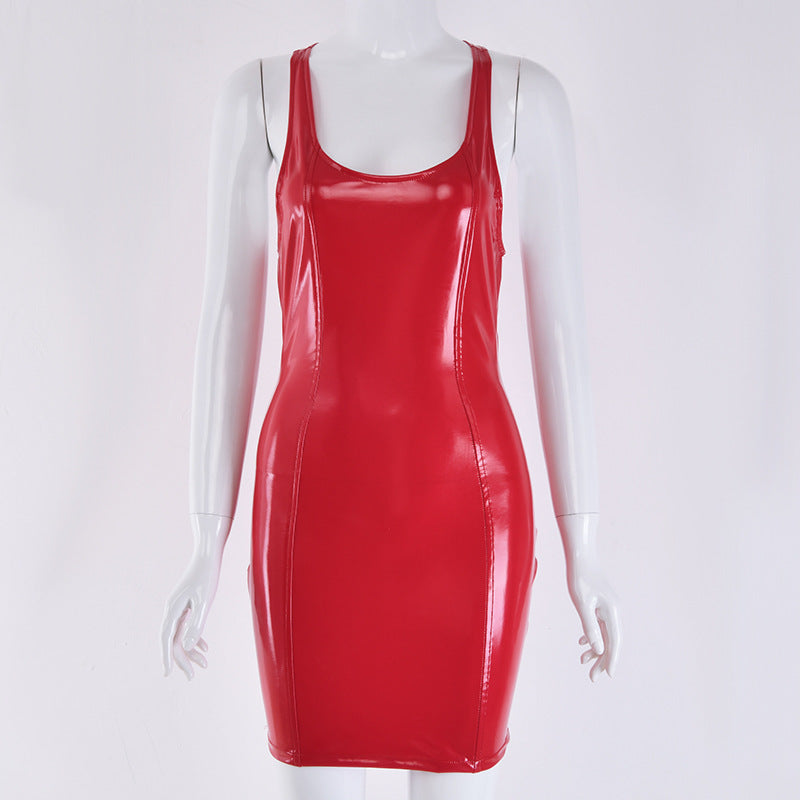 2025 Express New supply, crew neck PU sexy slim dress, spring and summer women's clothing
