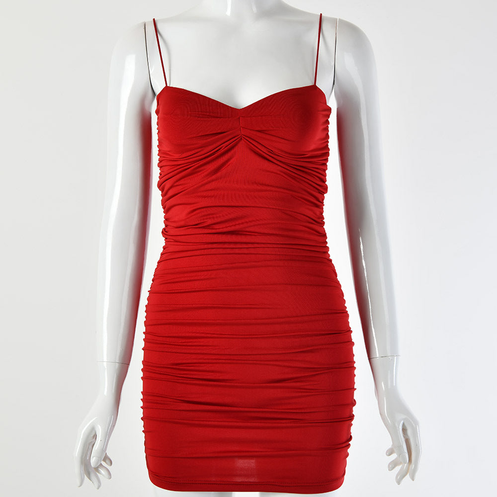 2025 women's clothing is hot-selling in summer , the new Spice Girl solid color dark V-neck sexy suspender backless pleated dress