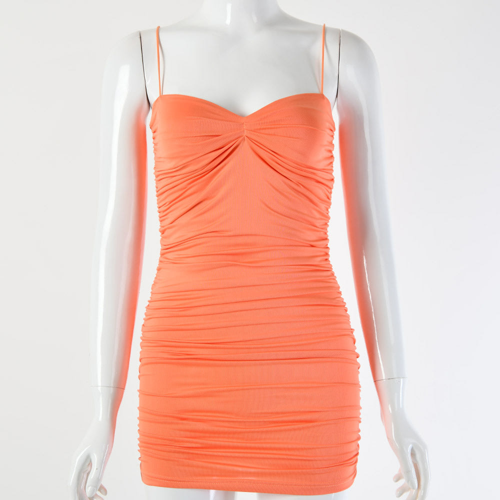 2025 women's clothing is hot-selling in summer , the new Spice Girl solid color dark V-neck sexy suspender backless pleated dress