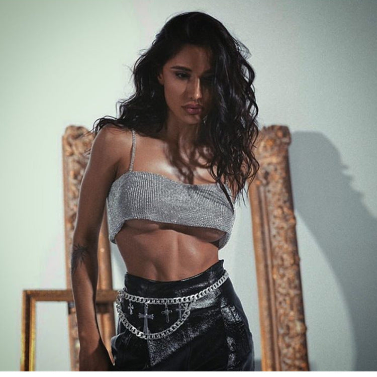 2025 full-diamond sling open-button ultra-short vest low-chest diamond-encrusted sling chest-wrapped with lined fabric