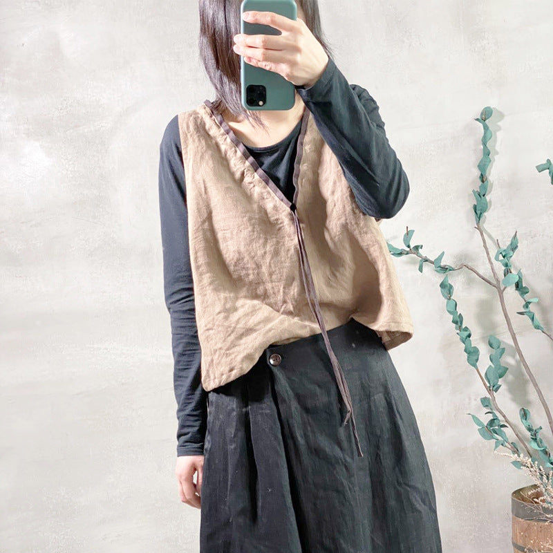 2025 202003/Ensheng, linen, women's spring and summer new loose retro simple lace-up outer wear small vest