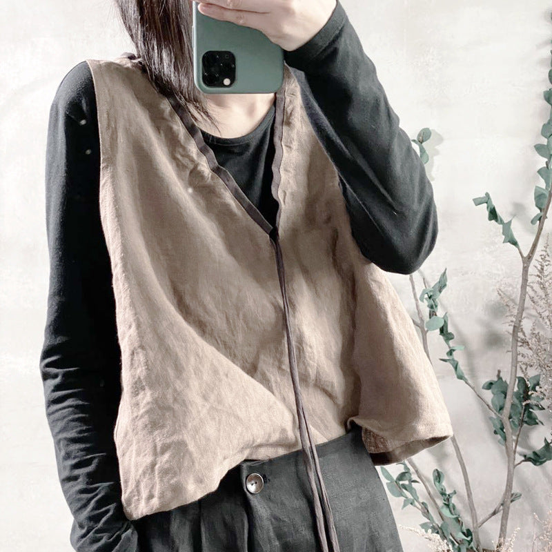 2025 202003/Ensheng, linen, women's spring and summer new loose retro simple lace-up outer wear small vest
