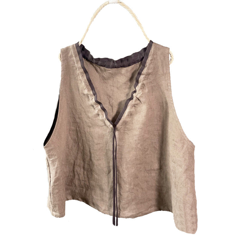 2025 202003/Ensheng, linen, women's spring and summer new loose retro simple lace-up outer wear small vest