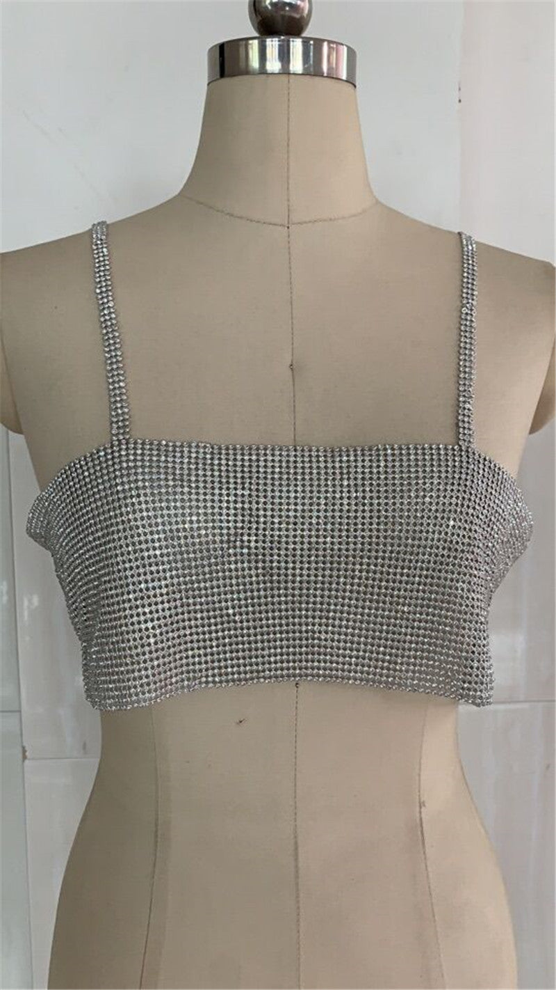 2025 full-diamond sling open-button ultra-short vest low-chest diamond-encrusted sling chest-wrapped with lined fabric