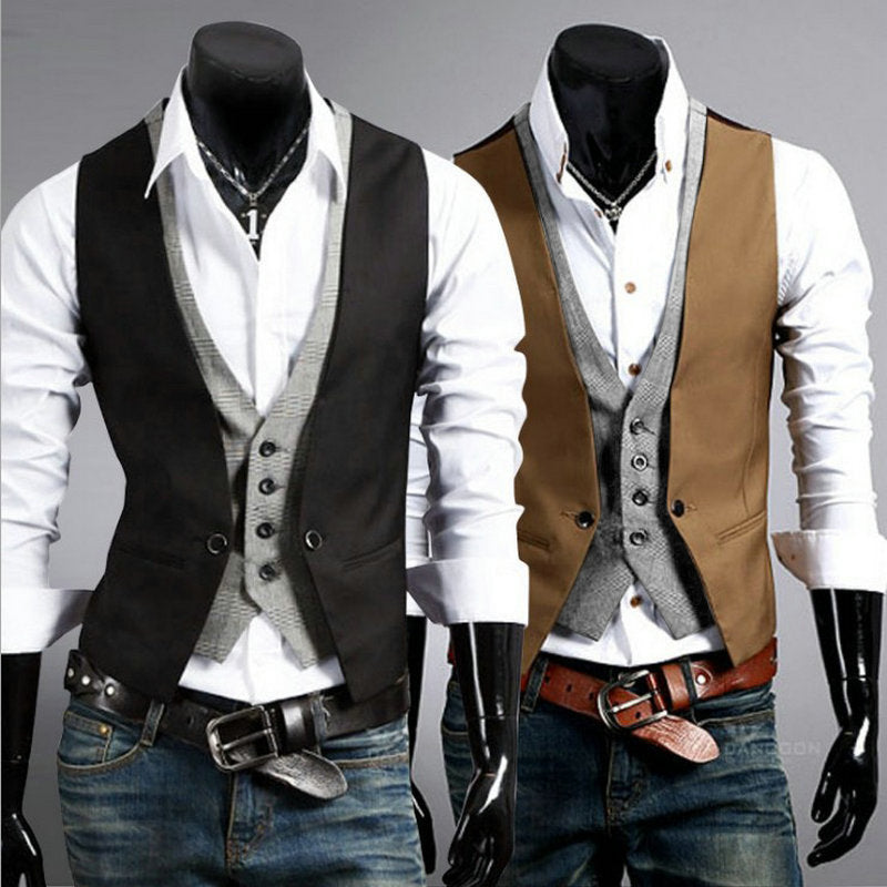 maoxiangshop-shop suit Acting British Slim-Fit Fake Two-Piece Men's Vest Plaid Design Fashion Vest