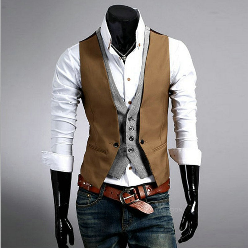 maoxiangshop-shop suit Acting British Slim-Fit Fake Two-Piece Men's Vest Plaid Design Fashion Vest