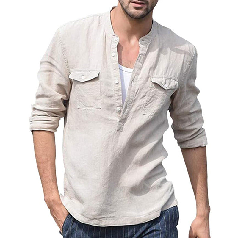 maoxiangshop-shop masculine men New Cotton and Linen Casual Fashion Slim-Fit Long-Sleeved Polo Collar Men's T-shirt