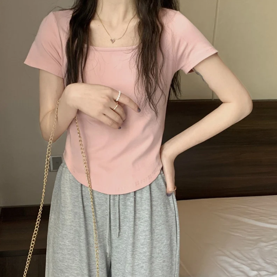 maoxiangshopWomen Long Sleeve Square Neck T-Shirt Spring And Autumn New Irregular Hem Slim Casual Top Girl Bottom Shirts