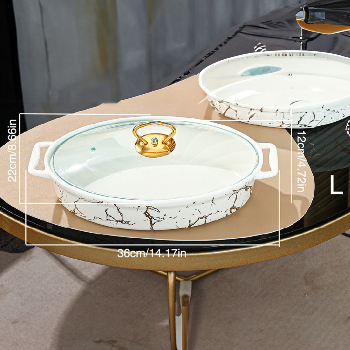 Nordic Style Golden Patterned Oval Ceramic Soup Pot - With Lid, Double Handles, and Dry Pot Functionality - Available in Small, Medium, and Large Sizes, White Color