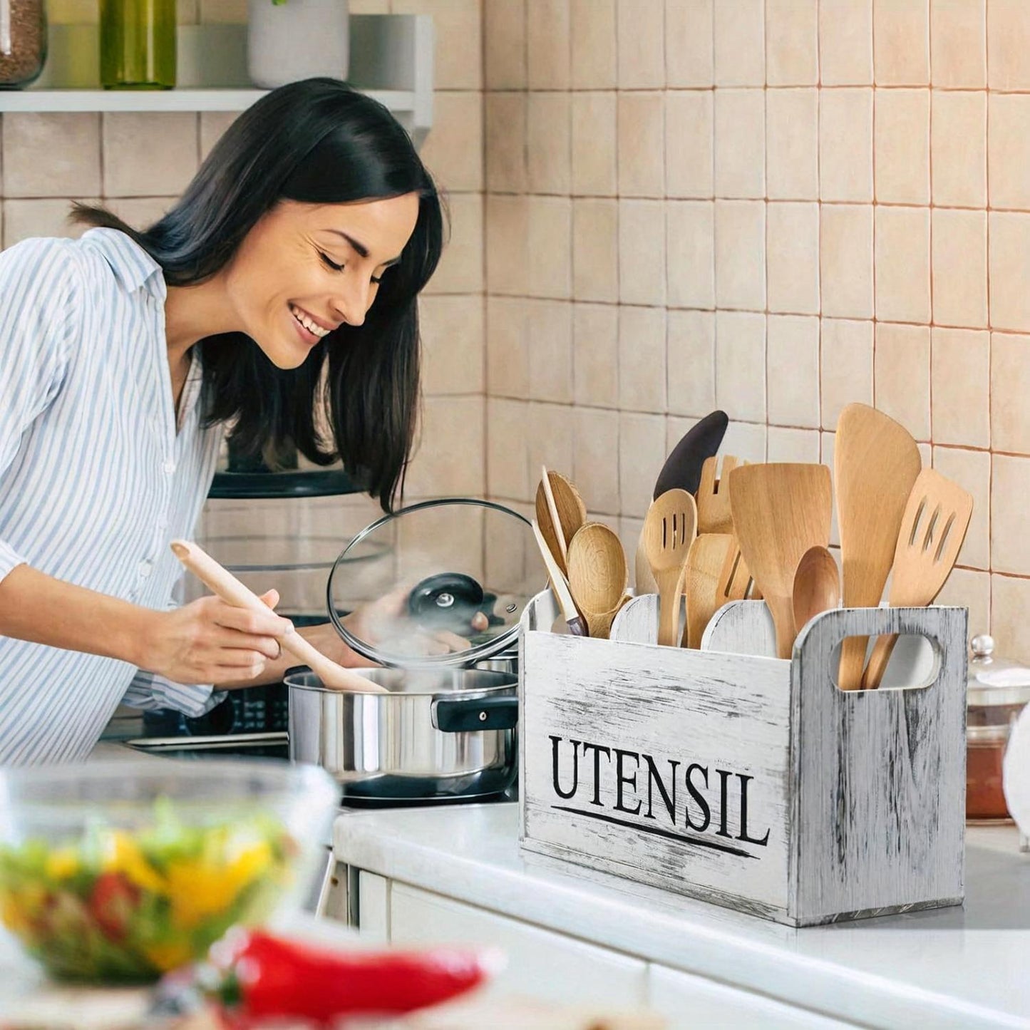 Rustic Wooden Kitchen Utensil Holder - 3-Compartment Countertop Organizer for Silverware & Cooking Tools, Non-Electric, Space-Saving Design, Perfect for Kitchen and Dining Room Decor