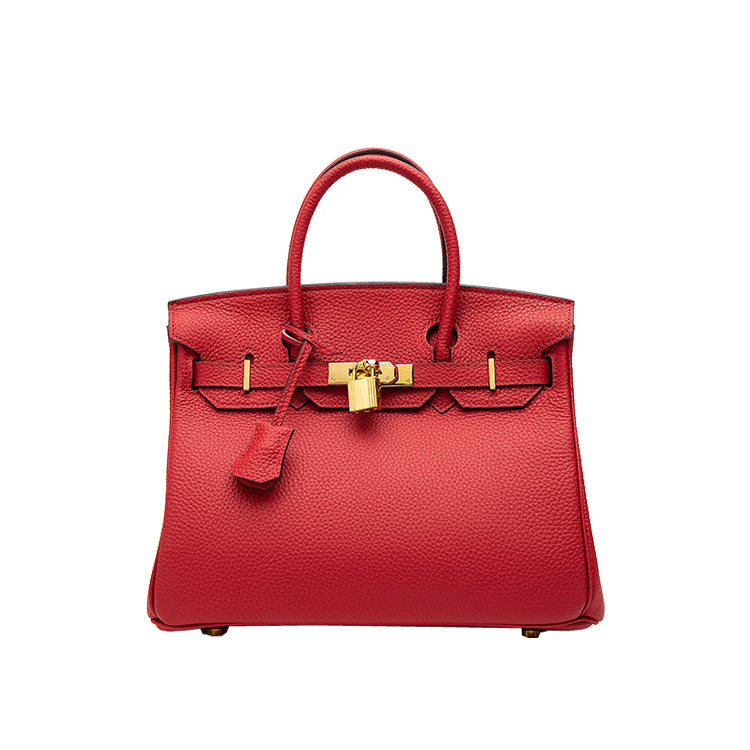 2025 H home platinum bag lychee pattern leather bag women's new first-layer cowhide fashion portable New Year's wedding bag