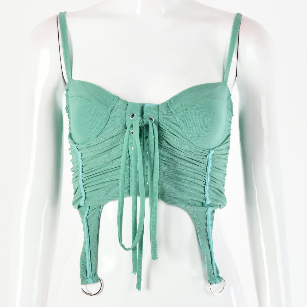 2025 style ins sleeveless women's top, sexy solid color small vest, wrinkled mesh strap, exposed button U-neck sling
