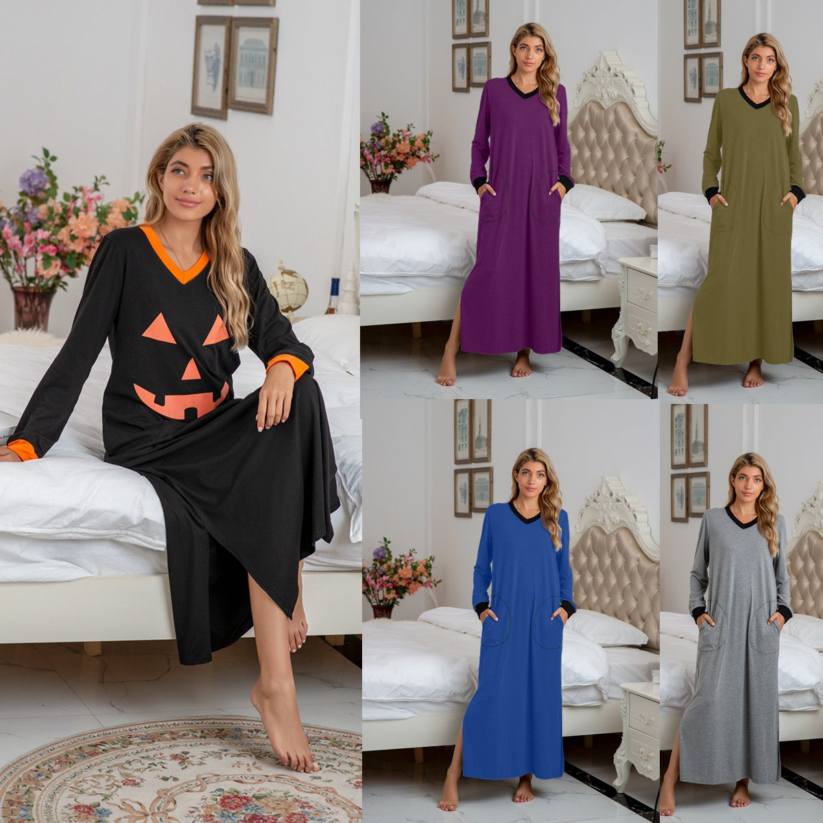MAOXIANGSHOP 2025new products wish nightgown cotton smiley face printing long-sleeved V-neck casual dress large size loungewear