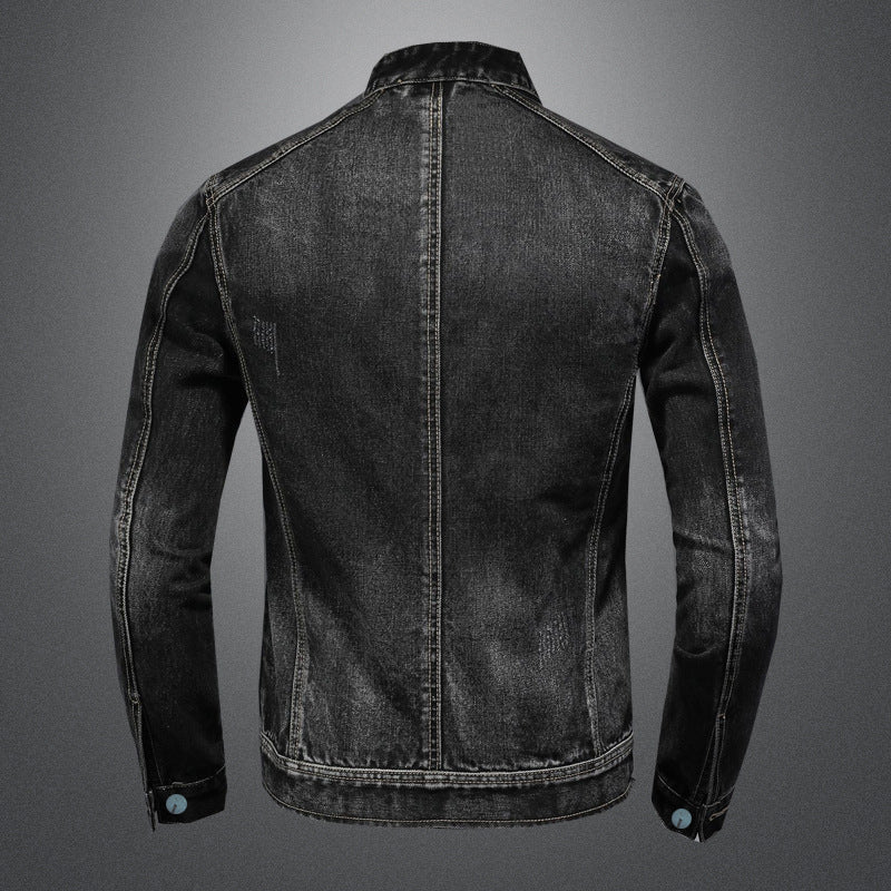 maoxiangshop-shop men outfits Spring and Autumn New Stand Collar Zipper Denim Coat Men's plus Size Trendy Motorcycle Jacket