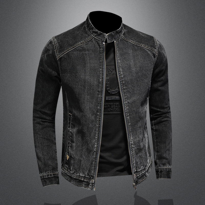 maoxiangshop-shop men outfits Spring and Autumn New Stand Collar Zipper Denim Coat Men's plus Size Trendy Motorcycle Jacket