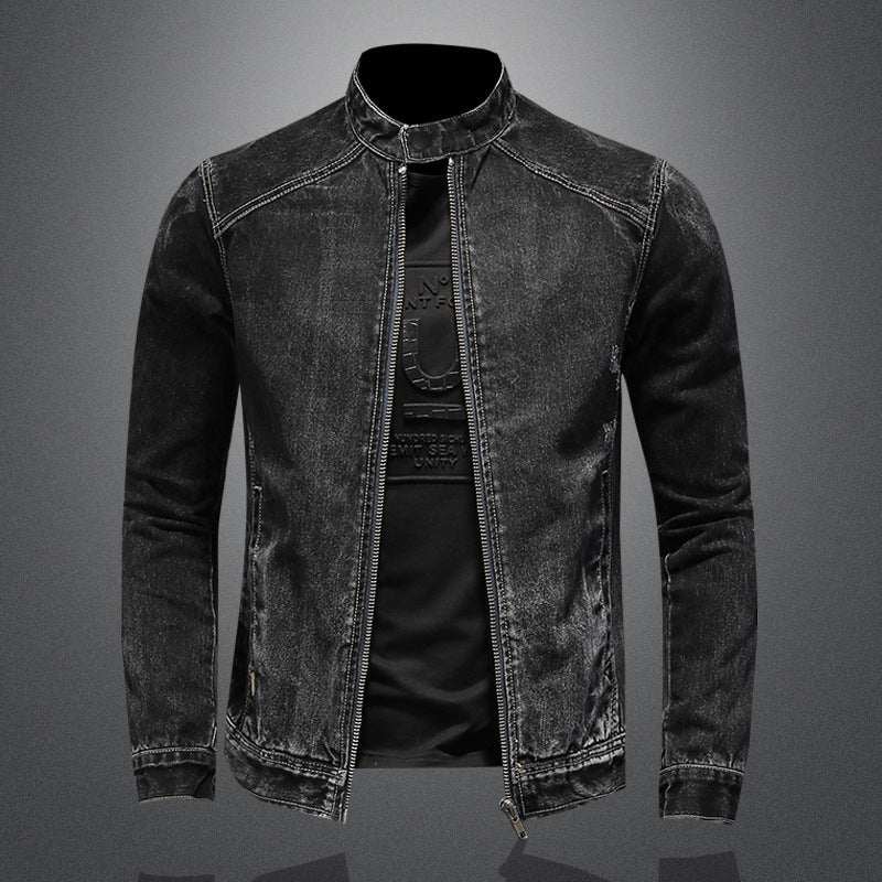 maoxiangshop-shop men outfits Spring and Autumn New Stand Collar Zipper Denim Coat Men's plus Size Trendy Motorcycle Jacket