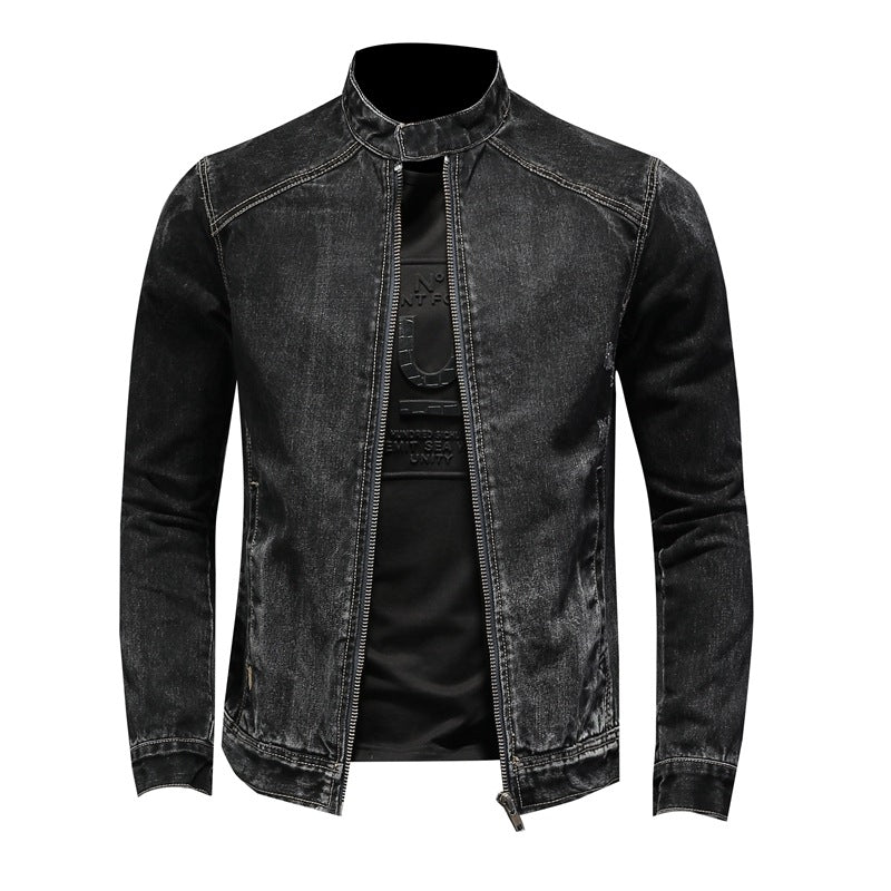 maoxiangshop-shop men outfits Spring and Autumn New Stand Collar Zipper Denim Coat Men's plus Size Trendy Motorcycle Jacket