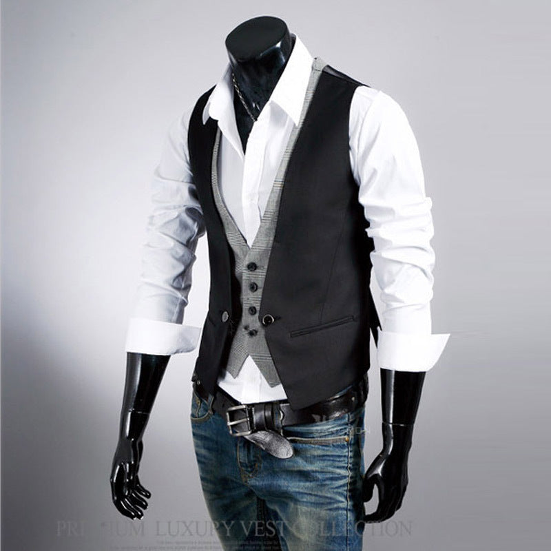 maoxiangshop-shop suit Acting British Slim-Fit Fake Two-Piece Men's Vest Plaid Design Fashion Vest