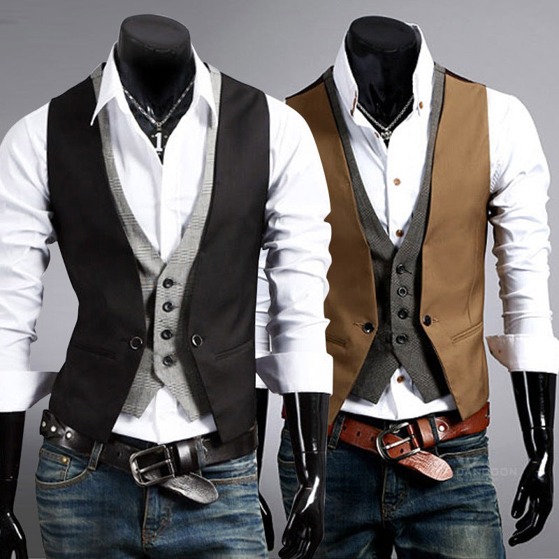 maoxiangshop-shop suit Acting British Slim-Fit Fake Two-Piece Men's Vest Plaid Design Fashion Vest