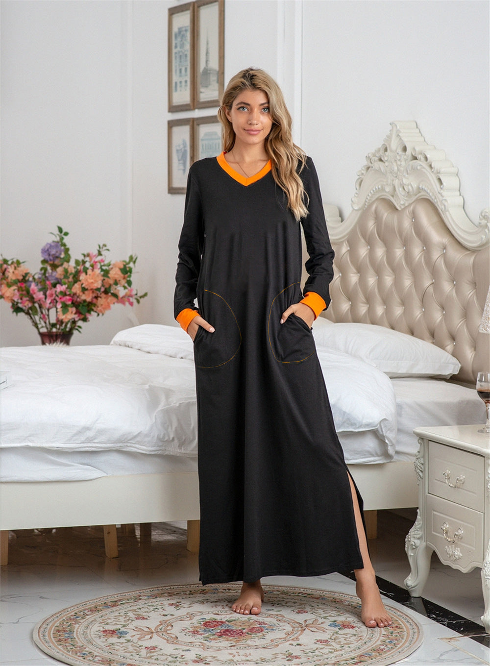 MAOXIANGSHOP 2025new products wish nightgown cotton smiley face printing long-sleeved V-neck casual dress large size loungewear