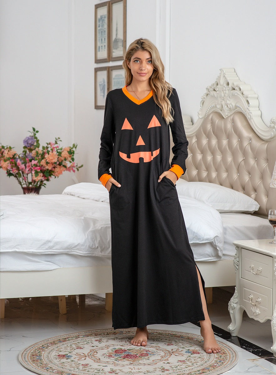 MAOXIANGSHOP 2025new products wish nightgown cotton smiley face printing long-sleeved V-neck casual dress large size loungewear