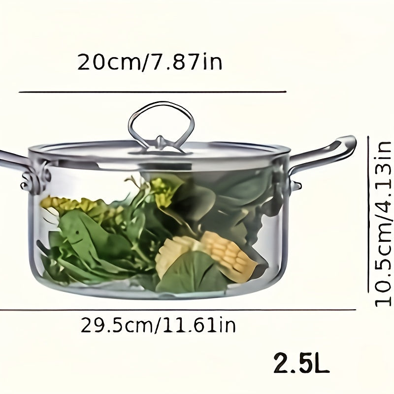 2.5L/3.5L Large Capacity Glass Stockpot with Lid, Heat Resistant Clear Cooking Pot for Gas Stove, No Power Required, Kitchen Cookware