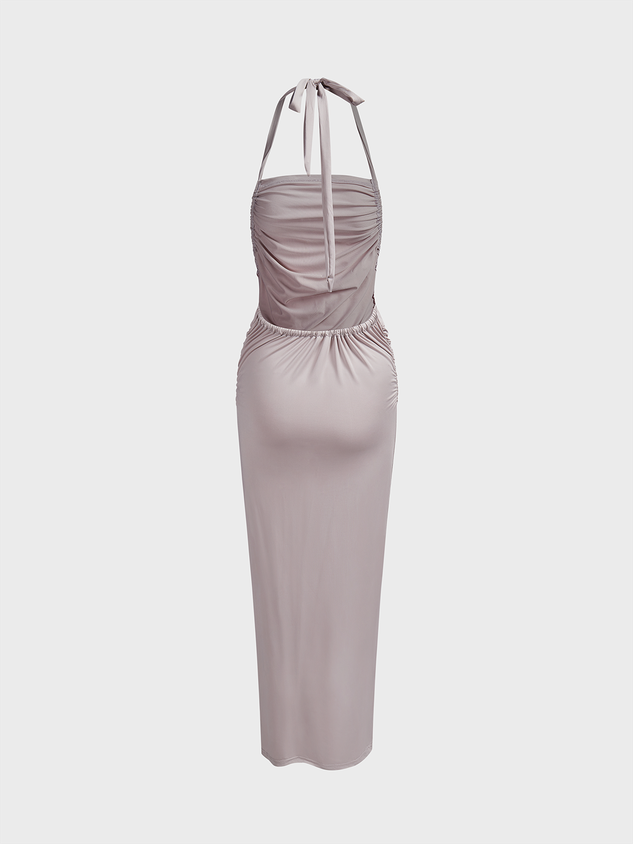 Wrinkled Backless Halter Plain Sleeveless Maxi Dress