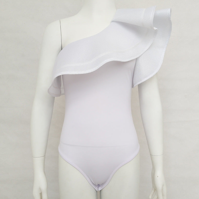 2025 Popularan Station Hot Trade New Women's Clothing Sexy Shoulder Lotus Leaf Solid Color Slim Jumpsuit Swimsuit