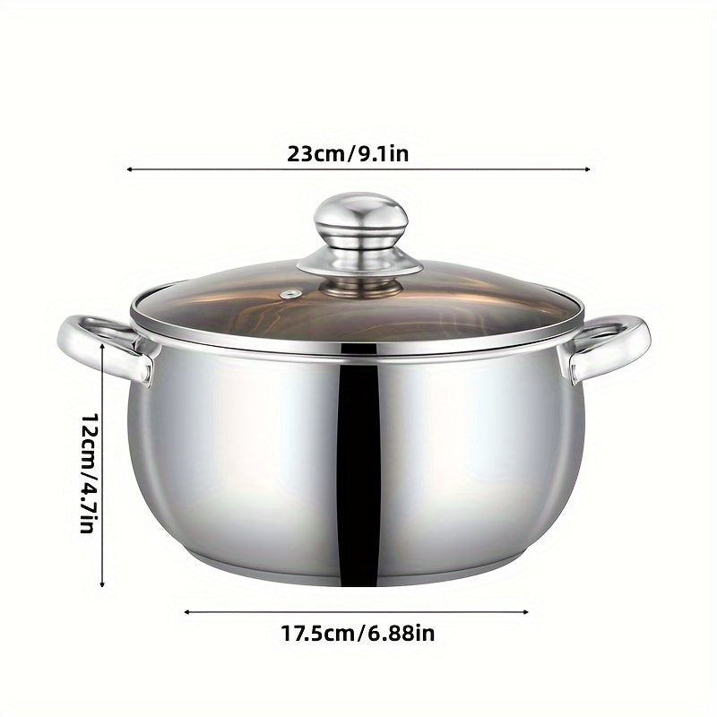 Stainless Steel Saucepan with Brushed Finish | Induction Compatible & Versatile Heat Source | Hollow Anti-Scald Handle | Explosion-Proof Glass Lid | Mirror Polished Interior | Thickened Bottom