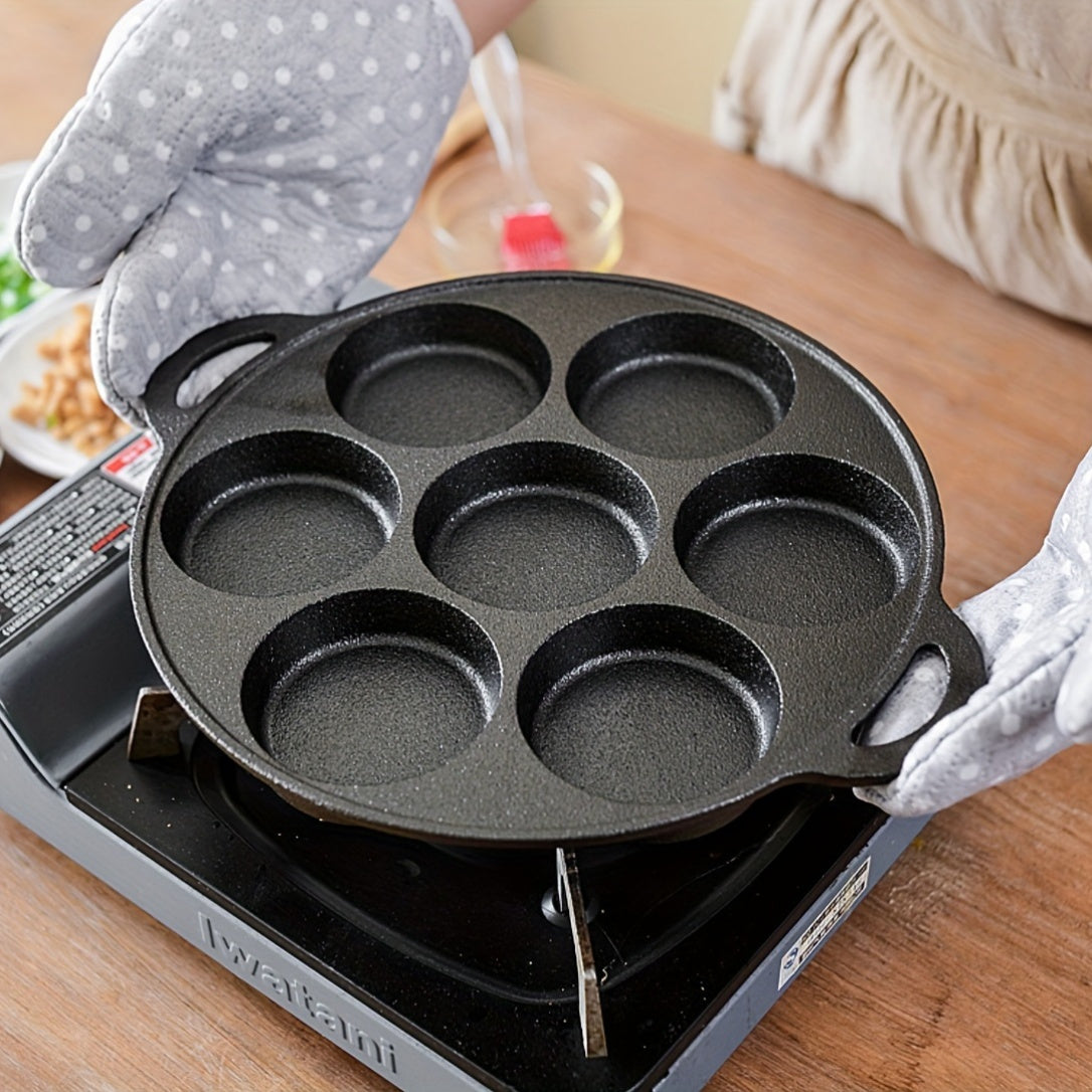 1-Piece Cast Iron 7-Mold Omelet Pan, Non-Stick Mini Pancake Griddle, Broiler Safe, Durable Cookware for Kitchen and Restaurant Use