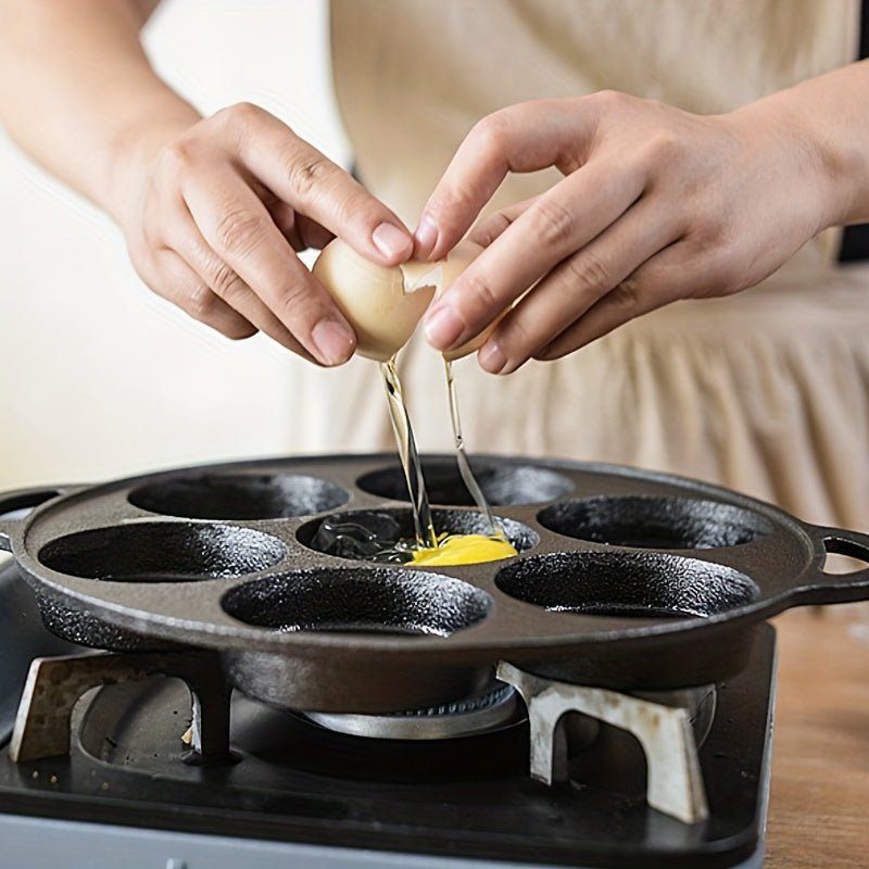 1-Piece Cast Iron 7-Mold Omelet Pan, Non-Stick Mini Pancake Griddle, Broiler Safe, Durable Cookware for Kitchen and Restaurant Use
