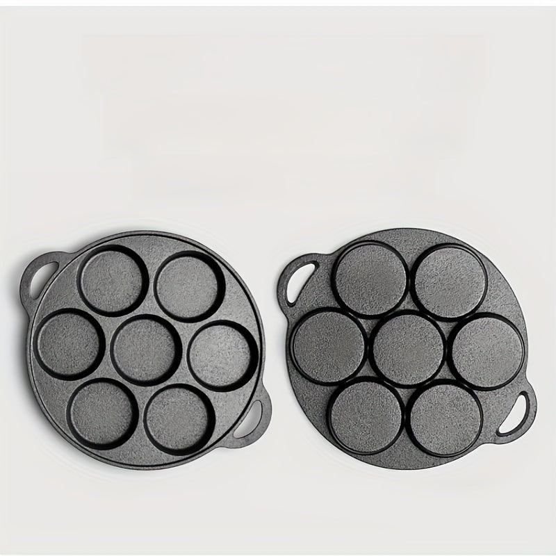 1-Piece Cast Iron 7-Mold Omelet Pan, Non-Stick Mini Pancake Griddle, Broiler Safe, Durable Cookware for Kitchen and Restaurant Use