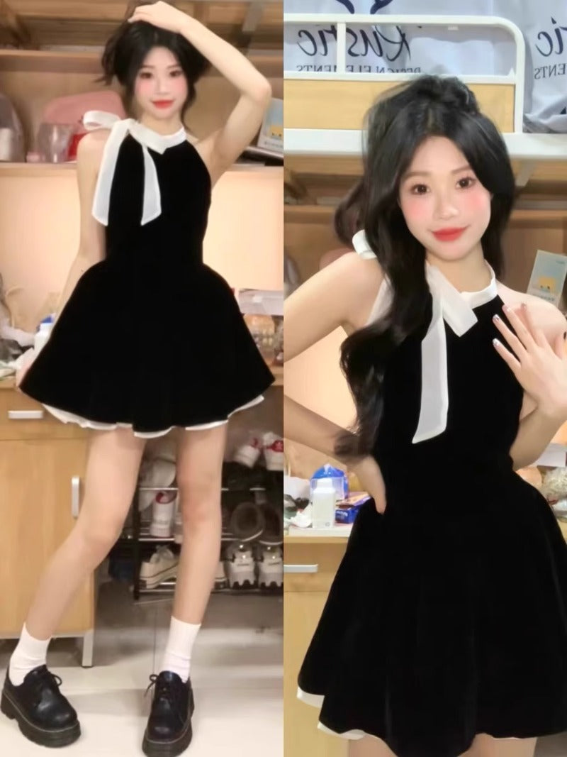 "Drune" sleeveless neck dress women's new small temperament short skirt strap bow ballet