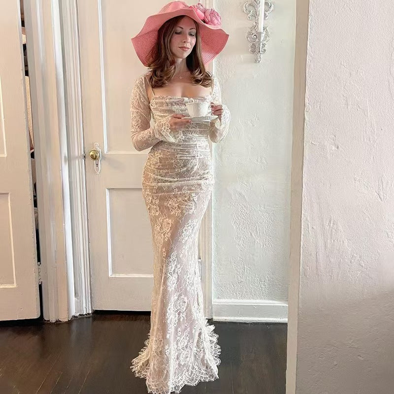 Vintage Elegant Bandage Mermaid Dress Spring Long Sleeve Lace Evening Party Prom Robe Women Casual Square Collar Vestidos Mujer