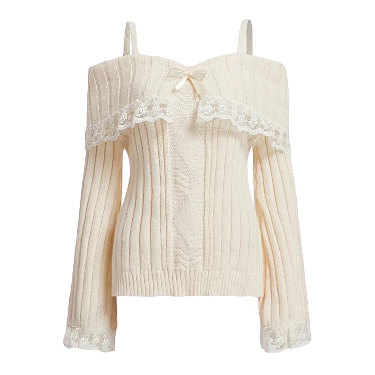 maoxiangshopWomen's Cold Shoulder Sweaters Long Sleeve Contrast Lace Knit Pullovers Bow Front Jumper Tops