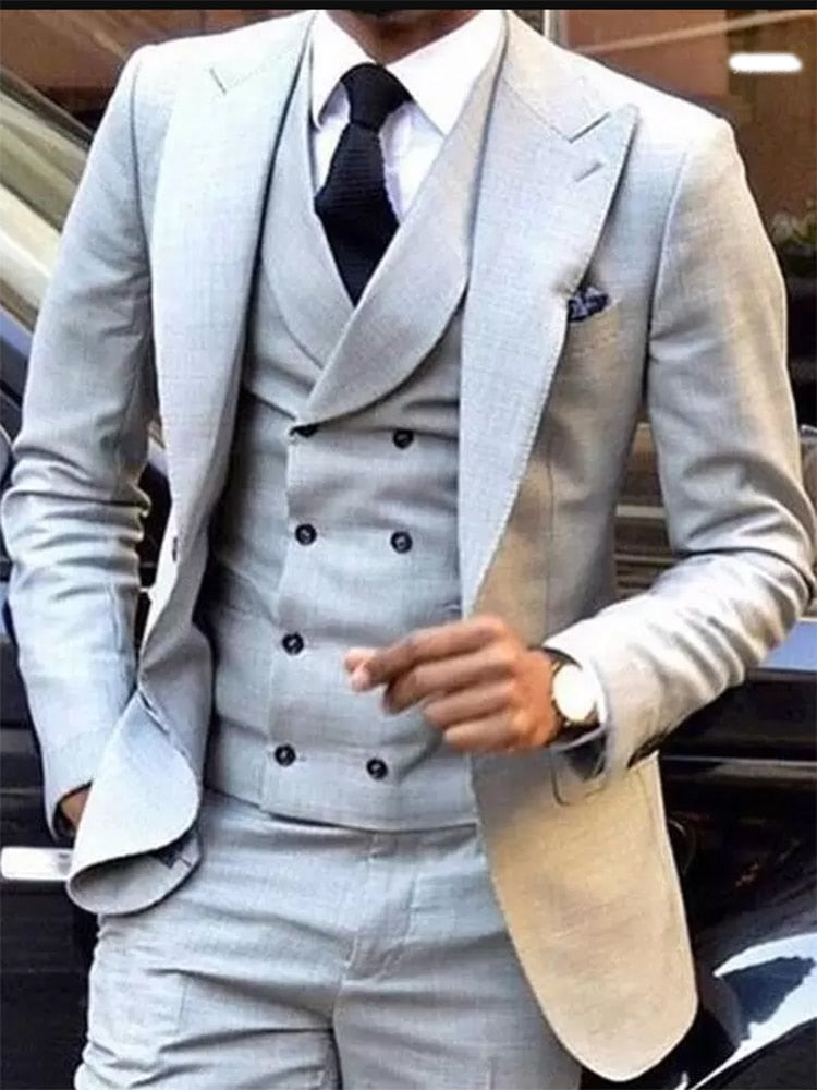 maoxiangshop Light Gray Men‘s Wedding Suit Slim Fit 3 Pieces Groom Tuxedo Groomsman Custom Made Business Men Clothing