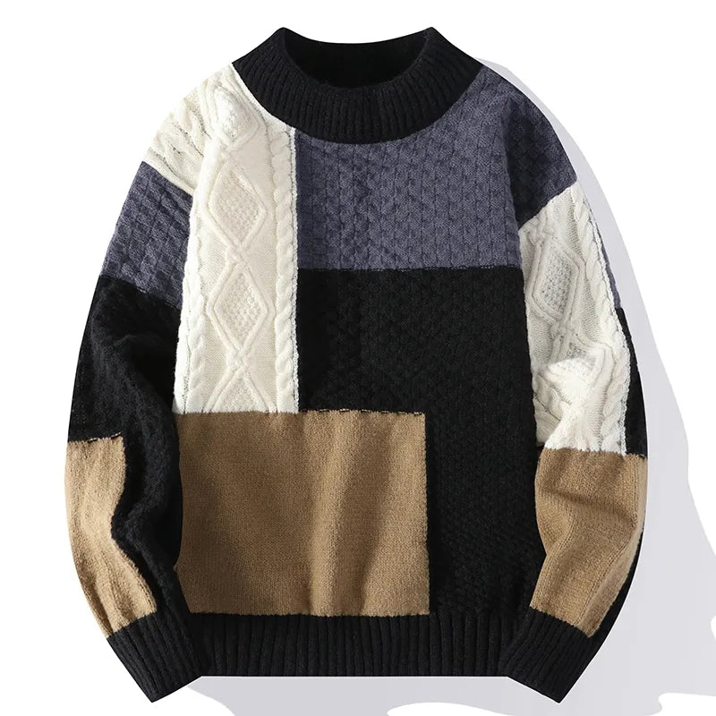 maoxiangshop New Autumn Winter Sweater Men Fashion Patchwork Knitted Pullovers Mens O Neck Casual Sweaters Streetwear Knitting Pullover Man