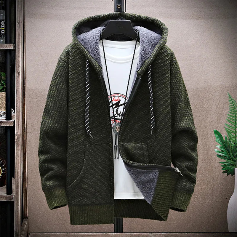 maoxiangshop Winter Fleece Sweatercoat Men Thick Warm Hooded Kintted Mens Sweater Cardigan Solid Casual Knitting Jacket Coat Male Clothing