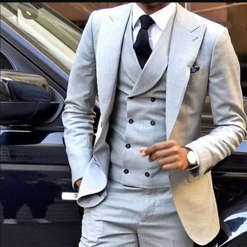 maoxiangshop Light Gray Men‘s Wedding Suit Slim Fit 3 Pieces Groom Tuxedo Groomsman Custom Made Business Men Clothing