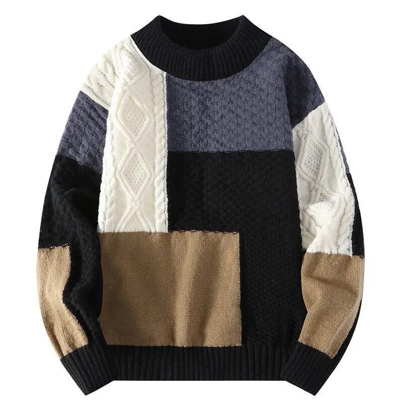 maoxiangshop New Autumn Winter Sweater Men Fashion Patchwork Knitted Pullovers Mens O Neck Casual Sweaters Streetwear Knitting Pullover Man