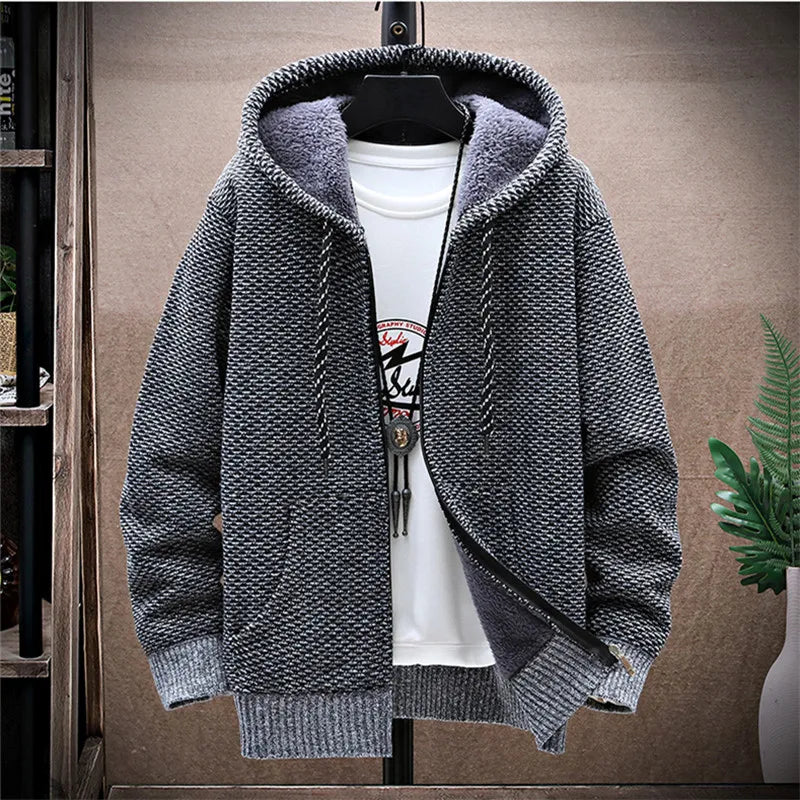 maoxiangshop Winter Fleece Sweatercoat Men Thick Warm Hooded Kintted Mens Sweater Cardigan Solid Casual Knitting Jacket Coat Male Clothing