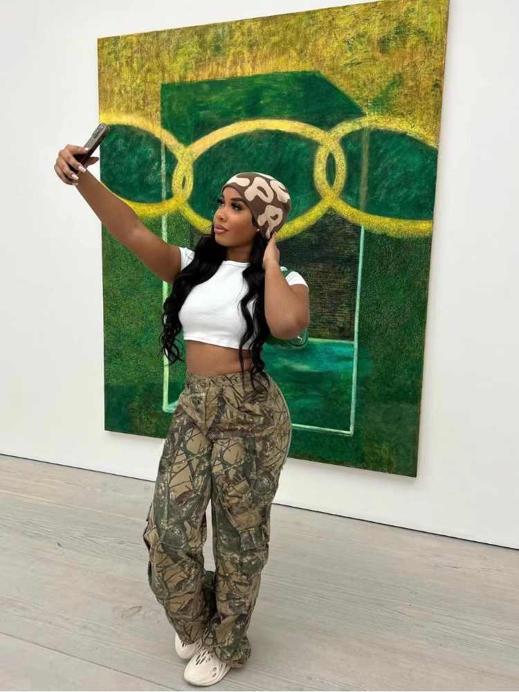maoxiangshopCamo Flare Cargo Pants For Women High Waist Big Size Camouflage Print Baggy Techwear Patchwork Pocket Summer Streetwear Trousers