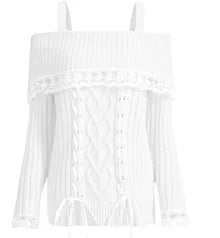 maoxiangshopWomen's Cold Shoulder Sweaters Long Sleeve Contrast Lace Knit Pullovers Bow Front Jumper Tops