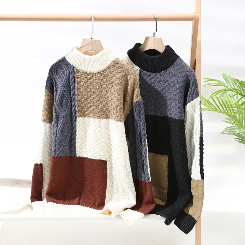 maoxiangshop New Autumn Winter Sweater Men Fashion Patchwork Knitted Pullovers Mens O Neck Casual Sweaters Streetwear Knitting Pullover Man