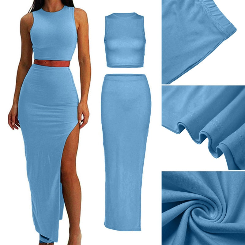 maoxiangshopTwo Piece Skirt Set Women's Suit y2k Clothes Summer Sexy Outfit Cropped Top and Split Skirt Chic Elegant Female Clothing