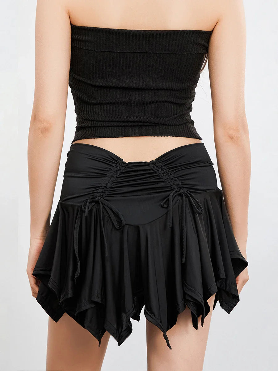 Women Solid Color Gothic Punk Irregular Skirts Summer Fashion Drawstring Tie-Up Ruched Ruffles Mini Skirt Black/White