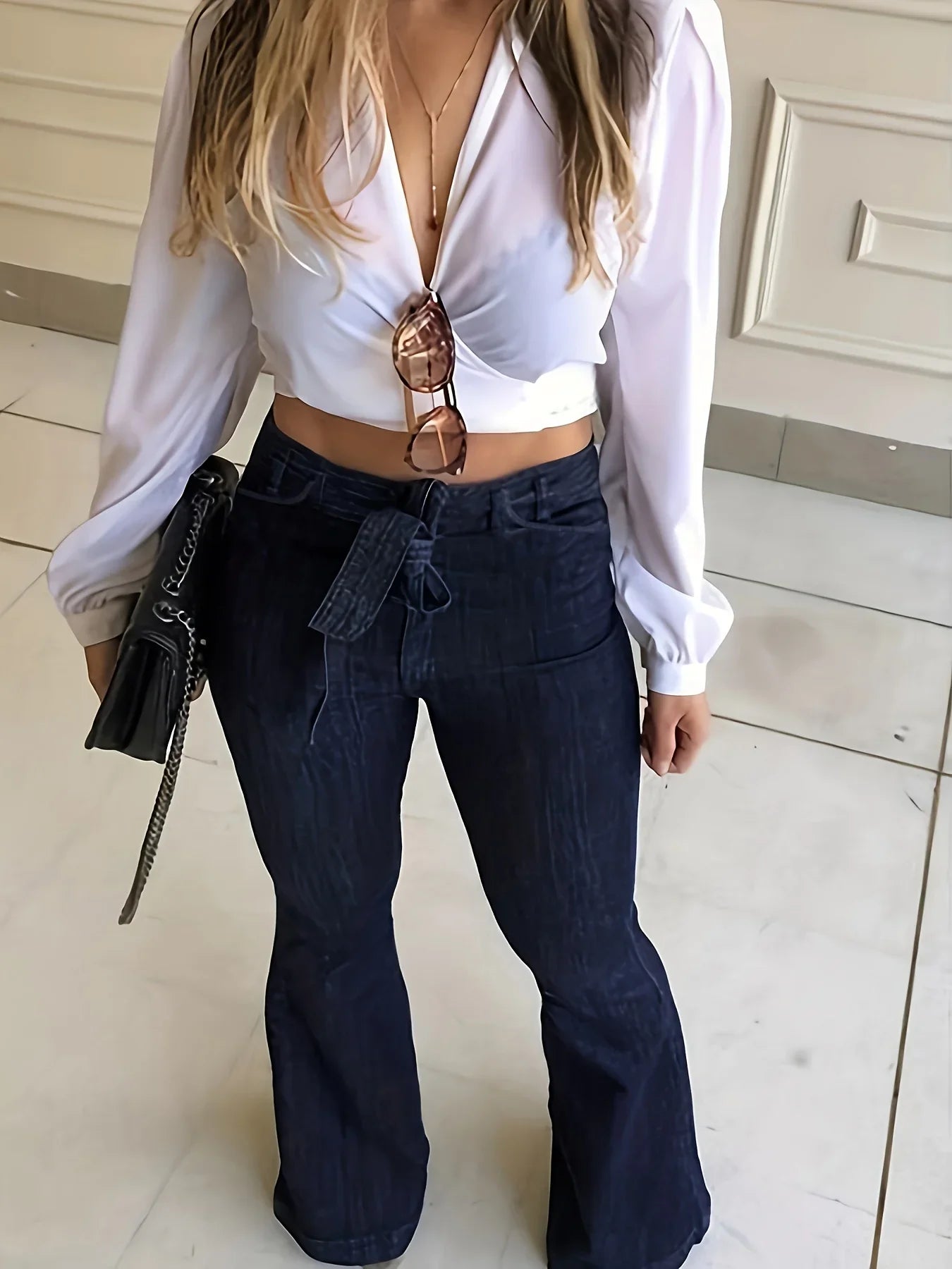 maoxiangshop Navy Blue Flared Jeans Autumn, High-Stretch With Waistband Bell Bottom Wide Legs Denim Pants, Women's Denim Jeans & Clothing