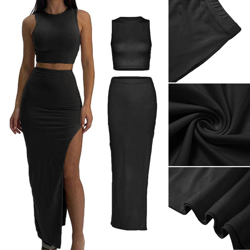 maoxiangshopTwo Piece Skirt Set Women's Suit y2k Clothes Summer Sexy Outfit Cropped Top and Split Skirt Chic Elegant Female Clothing
