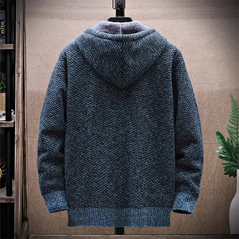 maoxiangshop Winter Fleece Sweatercoat Men Thick Warm Hooded Kintted Mens Sweater Cardigan Solid Casual Knitting Jacket Coat Male Clothing