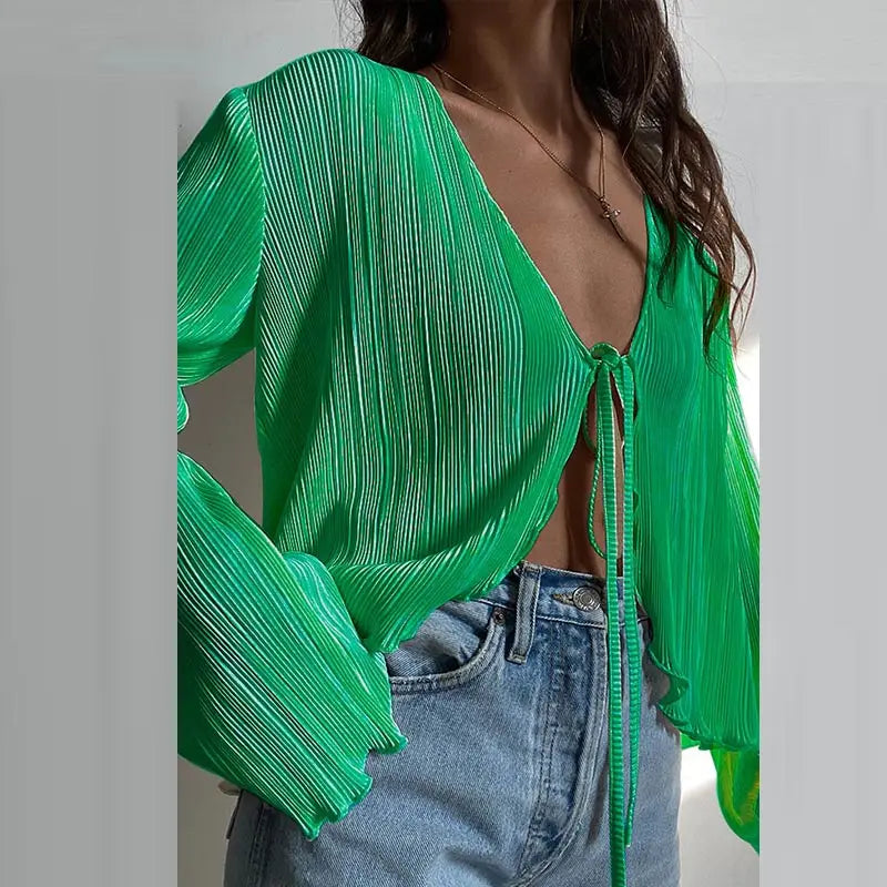 maoxiangshop1 wsevypo Women Pleated Plain Shirts Spring Fall Chic Long Flare Sleeve V- Neck Tie Up Cardigans Tops for Casual Party Street